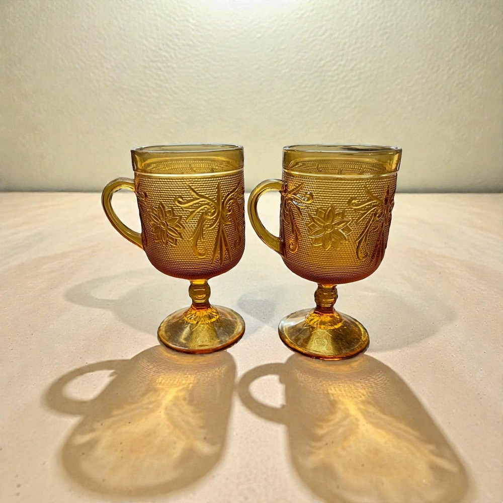 Vintage Indiana Glass Tiara
"Sandwich" Pattern Amber Glass Handled Pedastal Mugs